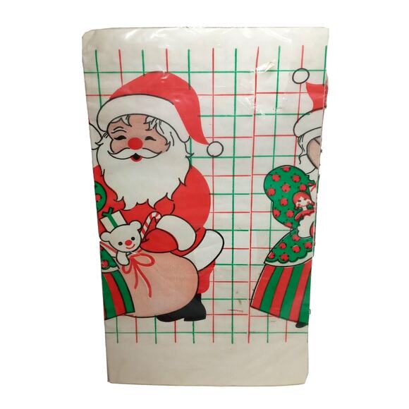 Vintage Santa Mrs Claus Paper Tablecloth Christmas 54"x88" Retro Holiday Kitsch - Picture 1 of 9